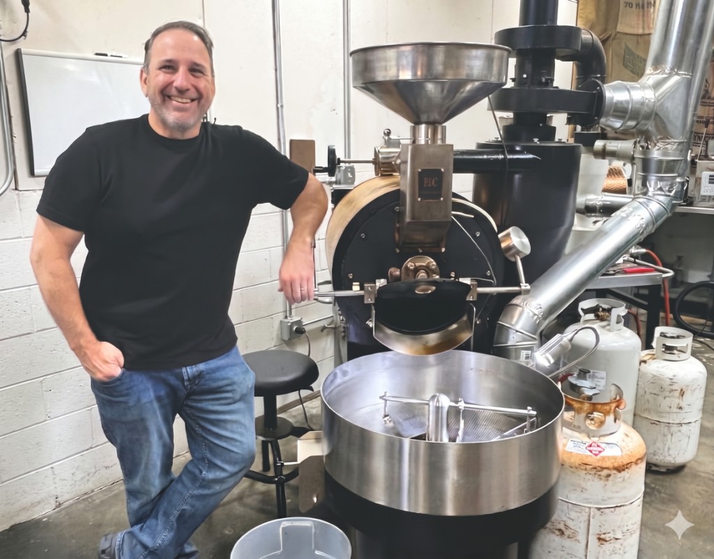 Greg Berkowitz at Berk's Beans roastery in Concord.