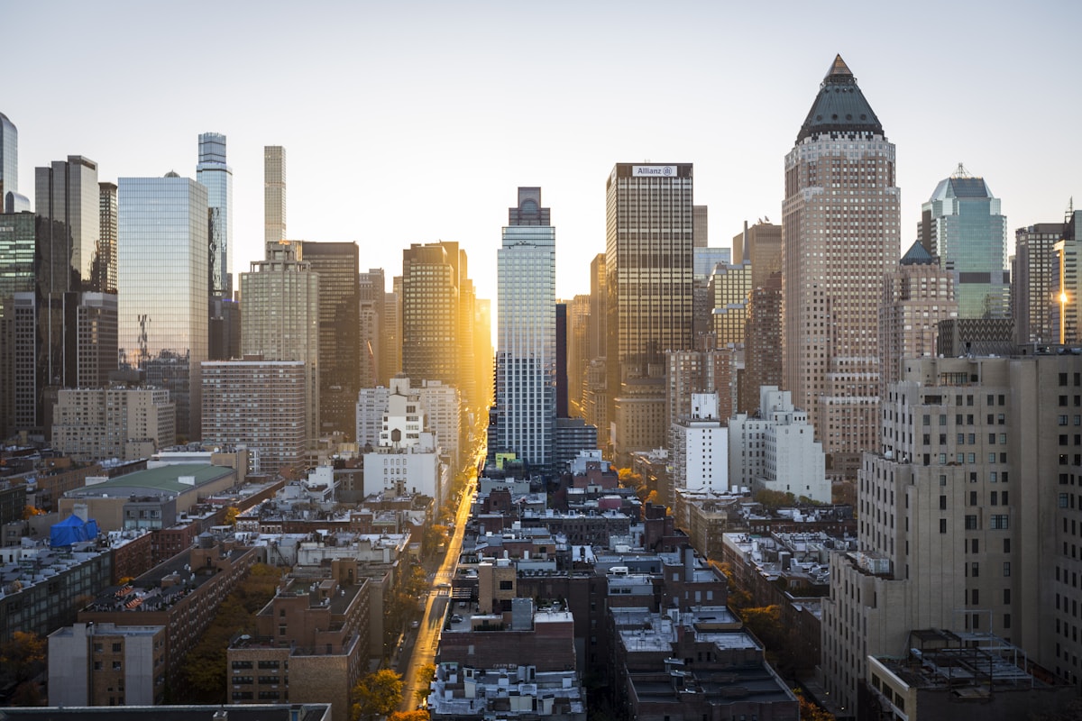 Dense city skyline at dusk.